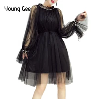 young gee elegant womens dresses crystal beading mesh flare sleeve spring autumn trimmed agaric laces dress vestido robe femme