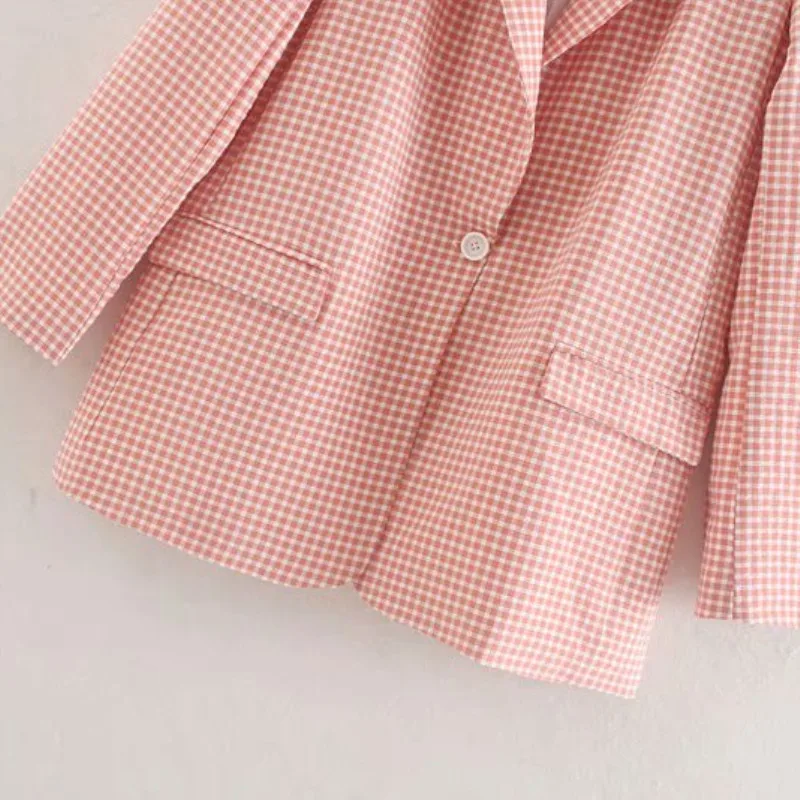 NSZ Women Pink Plaid Blazer Long Sleeve Checked Office Jacket Ladies Work Business Coat Outerwear | Женская одежда