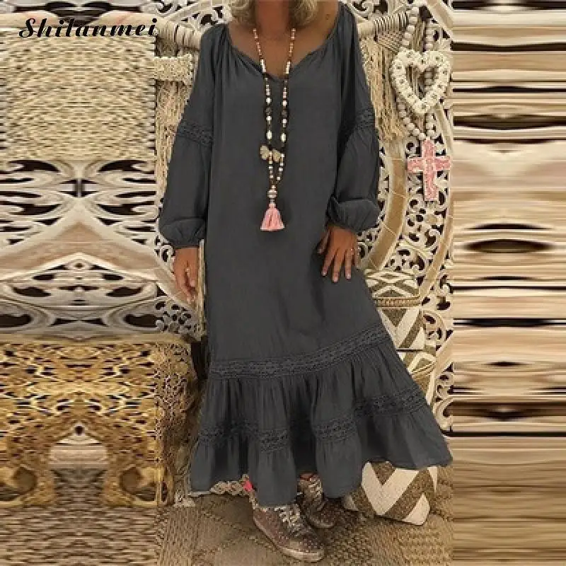 Женское винтажное платье макси свободное пляжное с v-образным вырезом и длинным