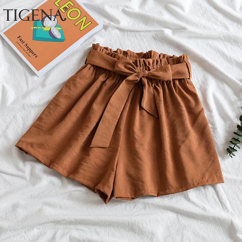 TIGENA Summer Cool High Waist Shorts Women Korean Bow Belt Elastic Waist Loose Shorts Female Pink Short Pants Ladies