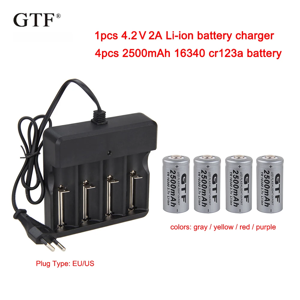 4 шт 3,7 V 2500mah 16340 аккумулятор CR123A литий-ионные аккумуляторы+ 1 шт EU/US 4,2 V 2A литий-ионный аккумулятор зарядное устройство AC100-240V