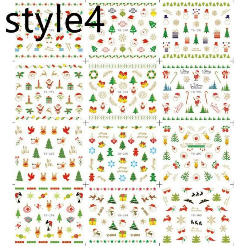 style4 Красивые 12 листов рождественские стикеры 3D на ногти Nail Art fpr женские девичьи дети маникюр DIY снег забавные Снеговики наклейки для ногтей - Цвет: style4