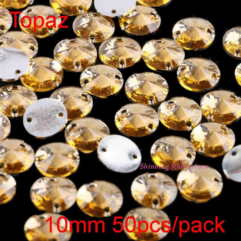 Topaz 10 мм, 50 шт., круглые стразы для шитья из смолы, кристаллы с плоским основанием, два отверстия, камни для шитья одежды, 10 цветов на выбор - Цвет: Topaz