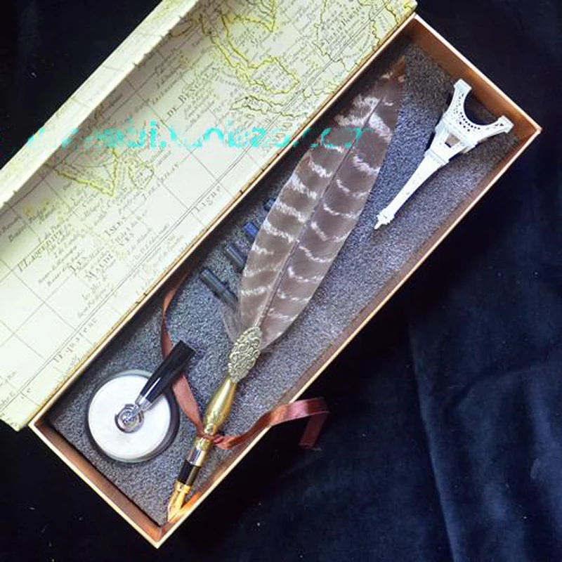 Mixed Color Signature Quill Feather Fountain Pen Set with Ceraminc Pen Holder  Sacs Retro Wedding Gift Pen