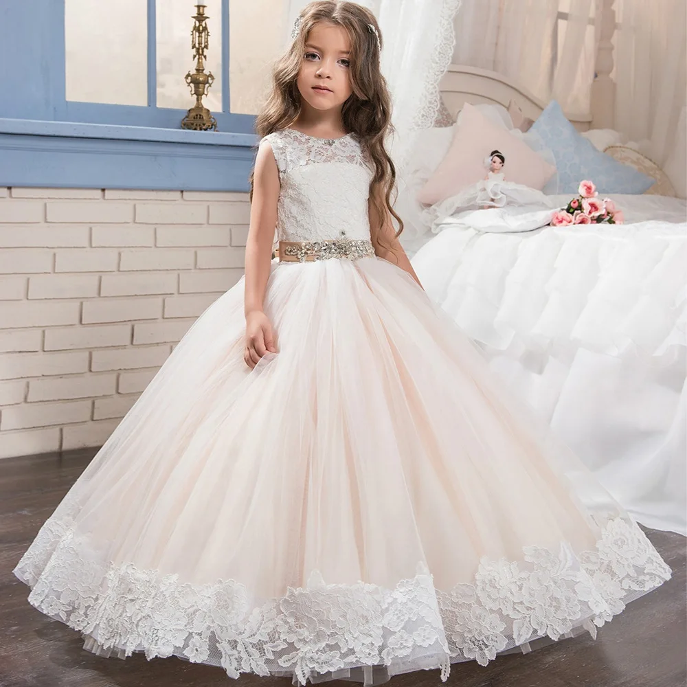 

Glizt Champagne Ball Gown Flower Girl Dresses For Weddings Crystal Belt Organza Kids long Pageant Dress First Communion Dress