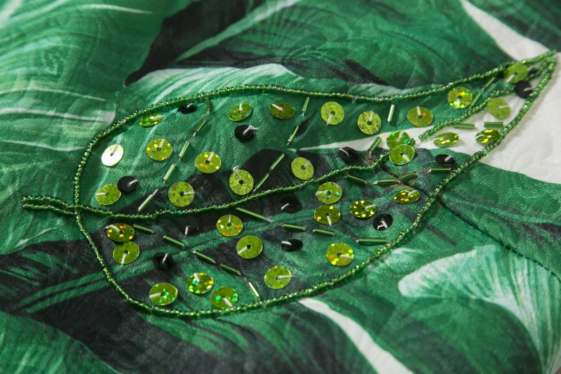 Блестками Широкие бретельки зеленые банановые листья принтом спагетти платье