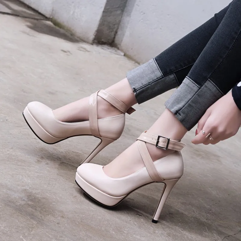 plus size 34-43 Fashion Women Pumps Platform High Heels Stiletto Sexy Evening Cross tied Ankle Strap Wedding Party Punk Shoes