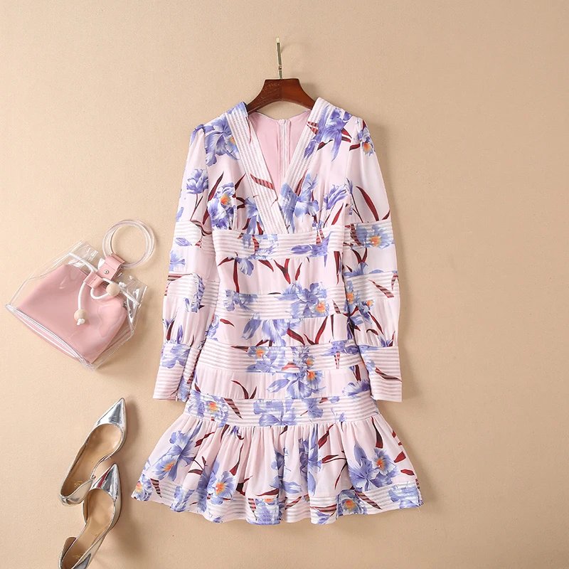 Платье с принтом V_neck милое мини платье длиной выше колена длинными рукавами