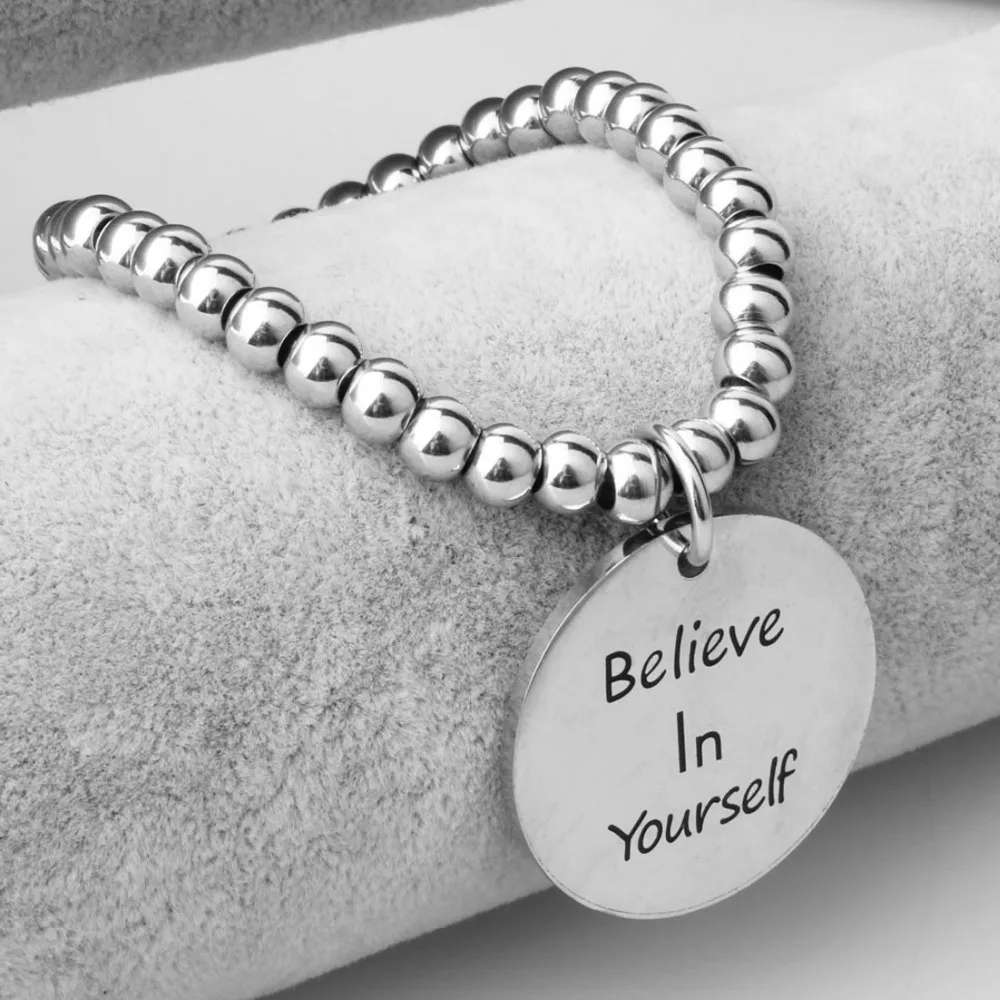 New Arrival Fashion Silver Stainless Steel Beaded Ball Handmade Bracelet &quotBelieve in Yourself&quot Round Charm 8mm7.5&quot | Украшения