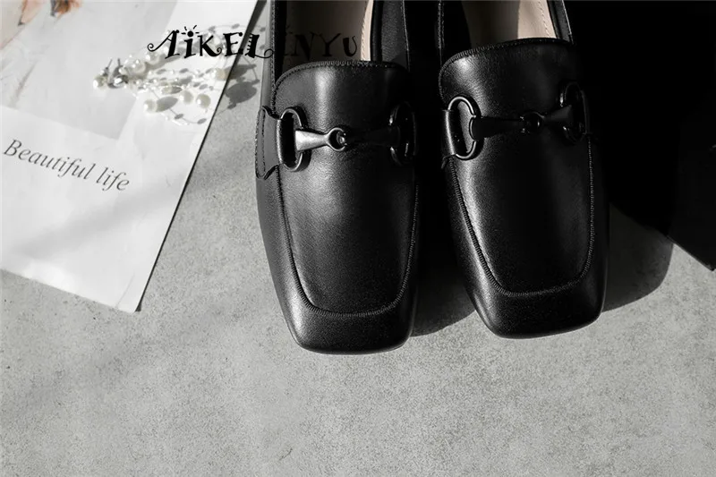 AAIKELINYU Новые женские туфли-лодочки коровья кожа мода металлической цепью удобные Обувь на квадратном каблуке, без шнуровки, на Повседневное ручной работы; женские туфли-лодочки