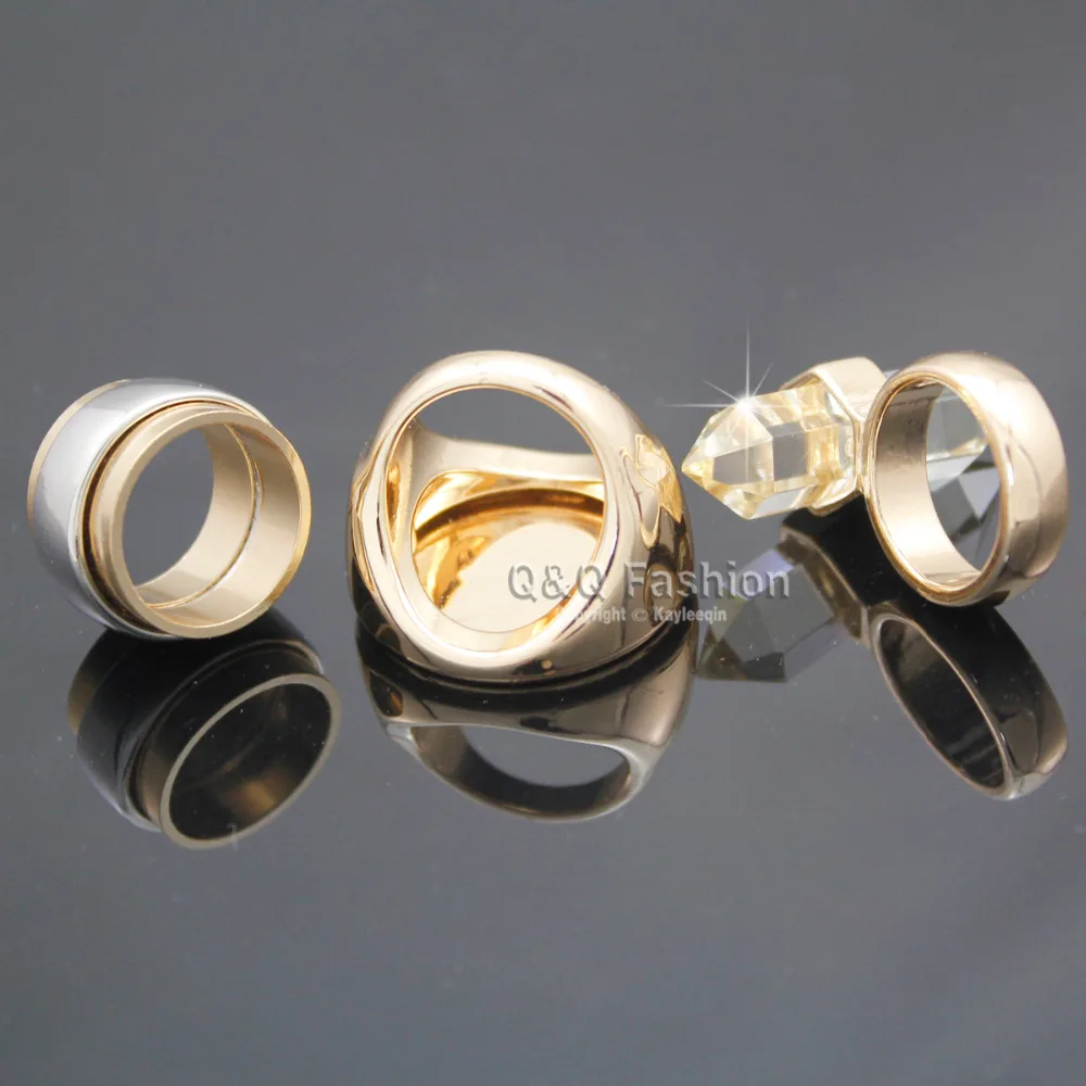 Pack of 3 Gold Clear Quartz Spike Bali Braided Stone Disc Stainless Steel Flat Stack Band Chunky Finger Ring Jewelry | Украшения и