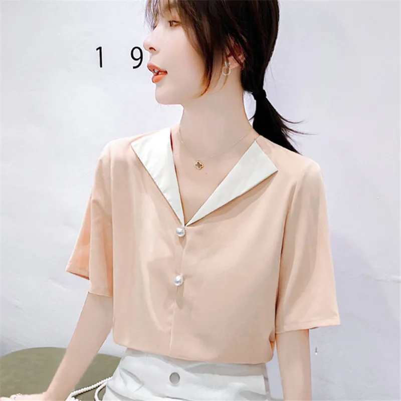 Women Tops 2019 Summer New Fashion Blouses Chiffon Short Sleeve POLO Neck Shirts Solid Color Casual Office Ladies Top Blusas |