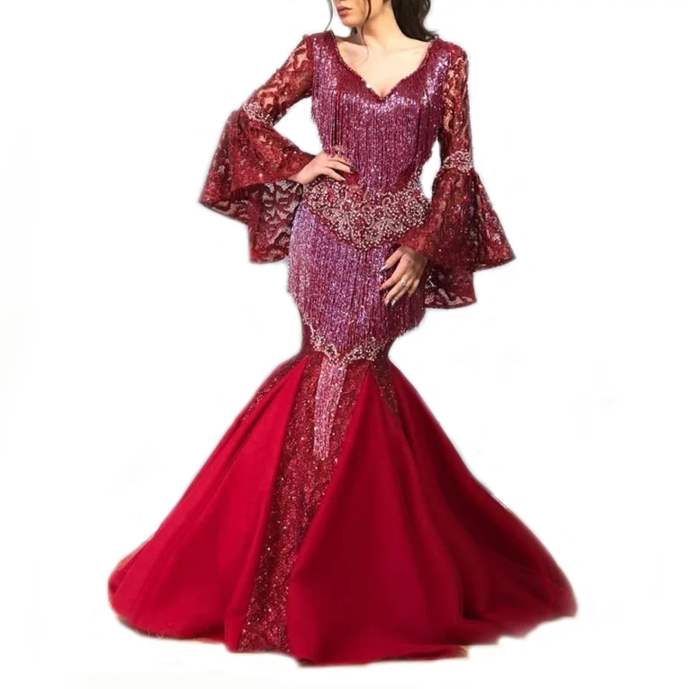 

Luxury Mermaid Tassel Long Bell Bottom Sleeves Evening Dress Embroidery Lace Beaded V Neck Sheer Illusion Long vestido de noiva