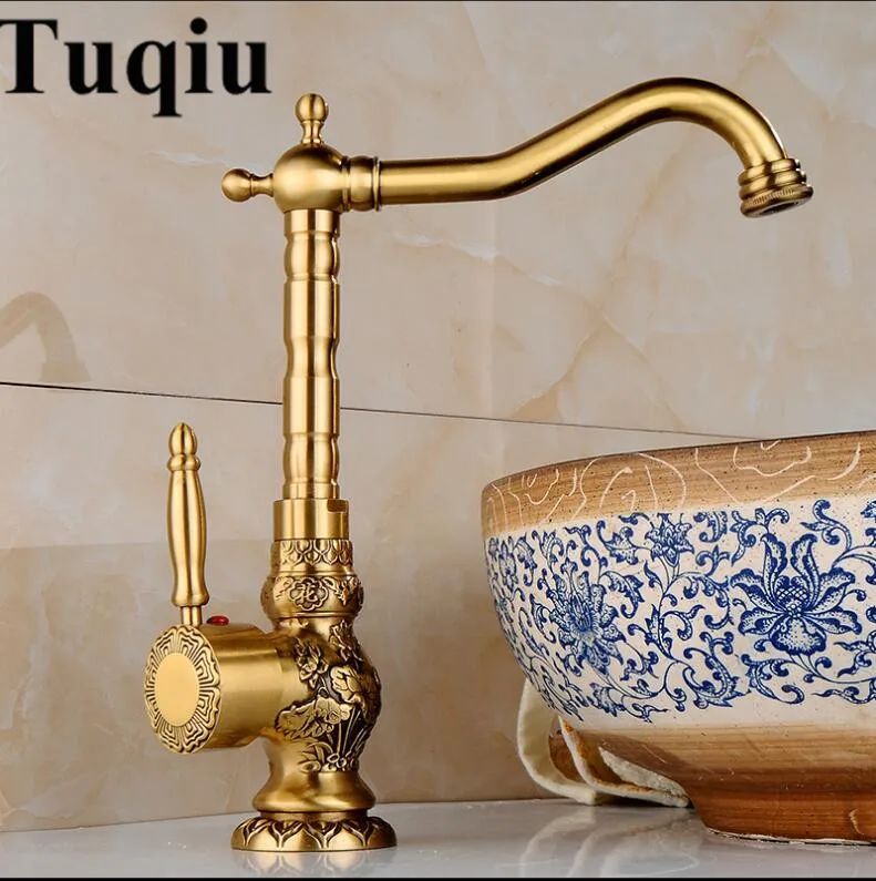 antique tall Кран для раковины, античный латунный кран для ванной комнаты, кран с резьбой, вращающийся кран с одной ручкой, кран для горячей и холодной воды - Цвет: antique tall