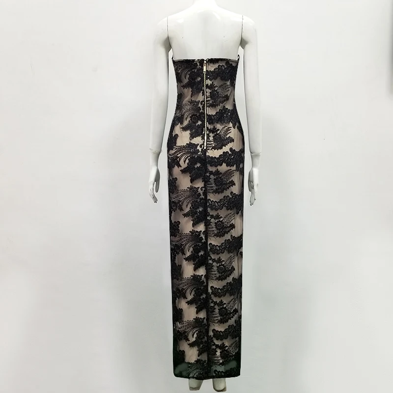 Женское кружевное платье без бретелек черное Бандажное макси дизайнерские