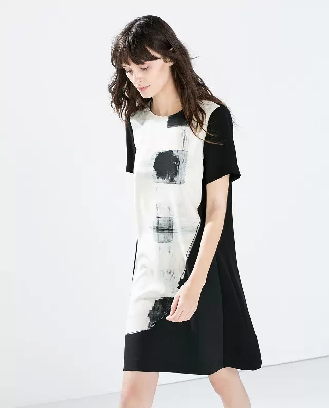 2015 New arrival Ladies' Elegant cute black white print dress vintage O-neck short sleeve casual slim brand design | Женская одежда