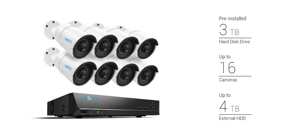 Reolink RLK16-410B8 5MP камера система 16ch PoE NVR и 8 ip-камеры с питанием по PoE Bullet комплект наружного наблюдения 3 ТБ HDD 2 SATA слота