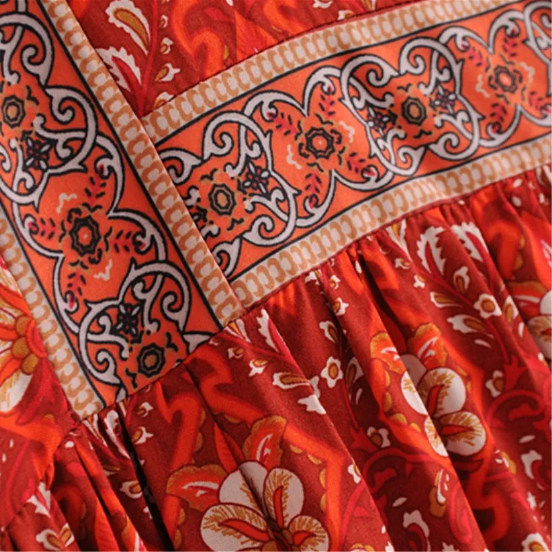 NSZ для женщин красный принт плиссированные Boho платье повседневное Свободные