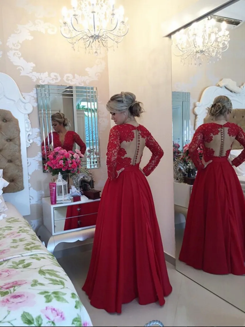 Real Photo 2017 Бургундия Вечернее Платье Кружева С Длинными Рукавами V-образным