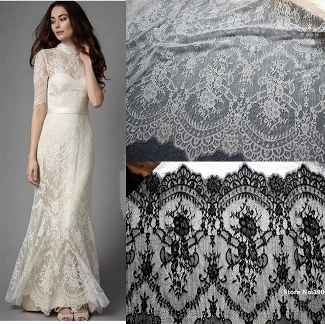 

150CM Wide High quality soft white black jacquard eyelash lace fabric diy craft wedding dress clothing lace material