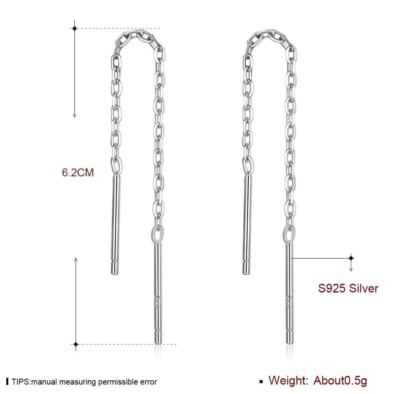 925 Sterling Silver Threader Through Cross Chain Drop Dangle Long Earrings For Women Girls Aros Party Jewelry boucles d'oreilles |