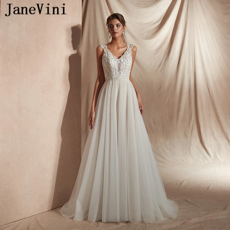 

JaneVini Elegant Garden Wedding Dresses Lace Appliques Pearls Tulle Mariage V Neck Long Bridal Princess Gowns Vestido De Noiva