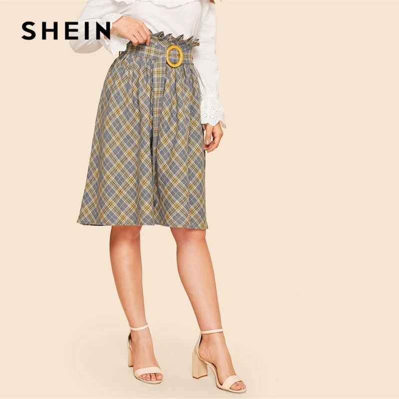 SHEIN Расклешенная Юбка В Клетку В Винтажном Стиле, Офисная Юбка С Поясом, Стильная Клетчатая Юбка