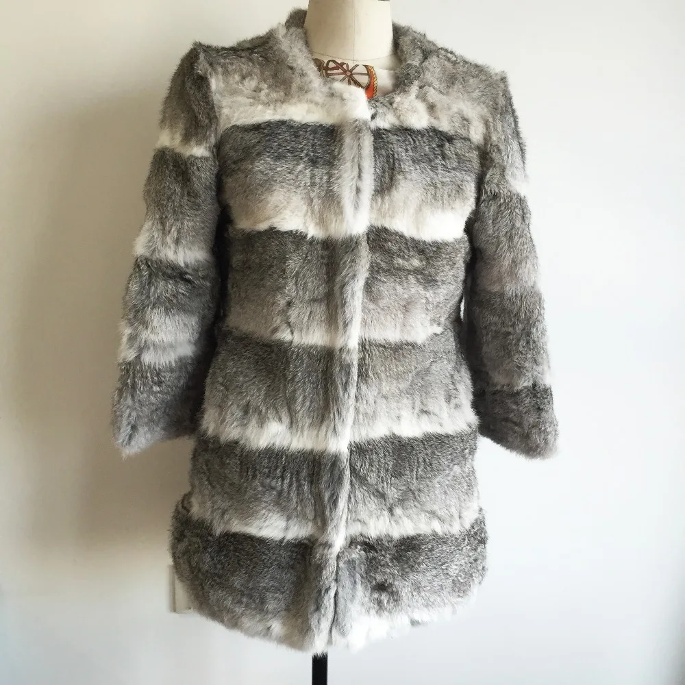 Новинка 2019 модная женская куртка из натурального кроличьего меха в полоску