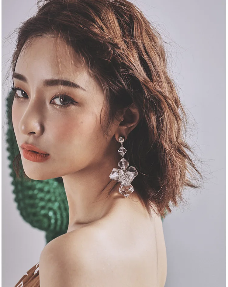 Women's European style Crystal Exaggerated Long Drop Earrings stylish Color transparent acrylic fashionable | Украшения и
