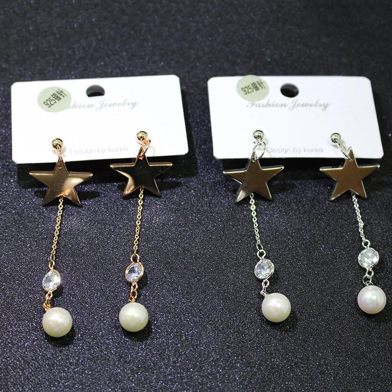 2017 мода Золотая Звезда серебряного цвета длинные висячие серьги цирконовая