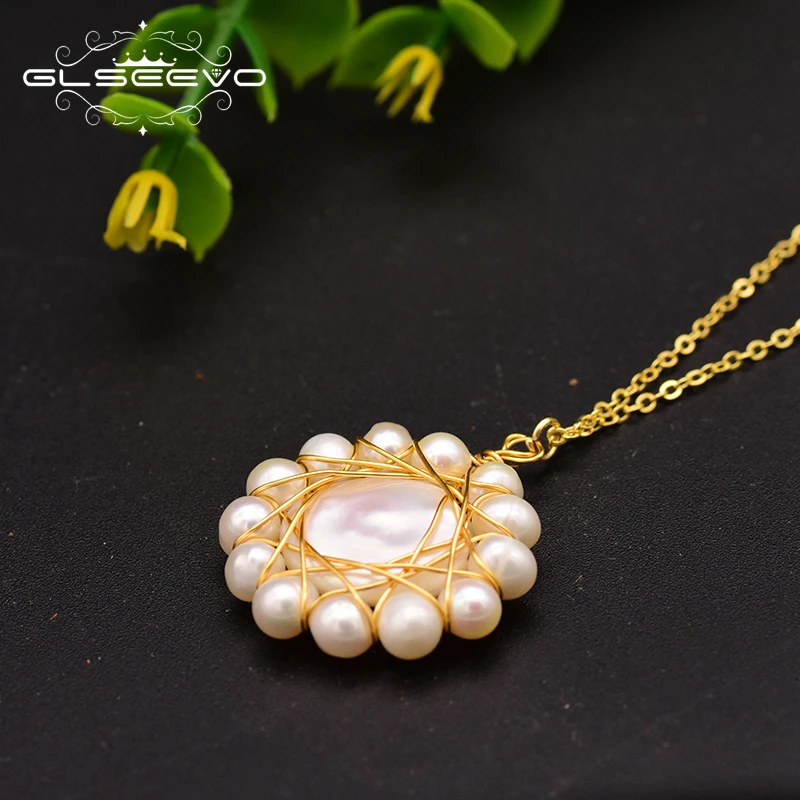 

XlentAg Handmade Freshwater Pearl Sun Flower Necklace For Women 925 Sterling Silver Jewelry boucles d oreille femme GN0082