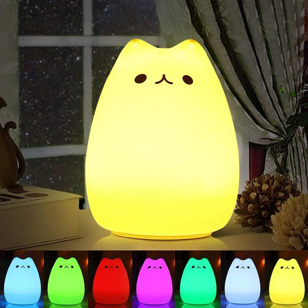 Night Light Cute Cartoon Cat Silicone LED Night Light Soft Touch Tap Change Color Bedside Lamp Night Light USB Charged Lamp Kids