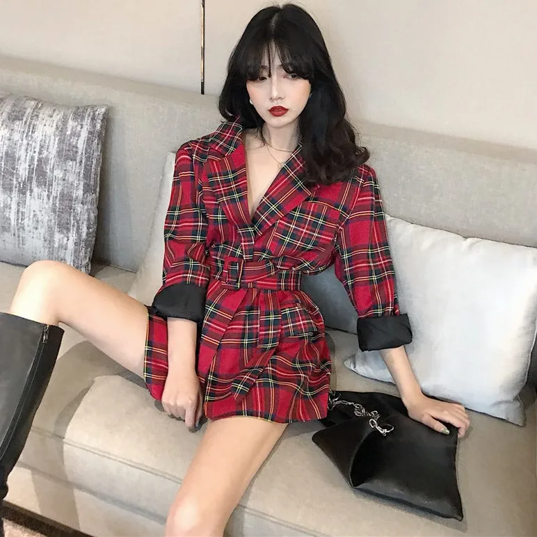 Весна 2019 тонкий женский блейзер в клетку с поясом куртка верхняя одежда пальто