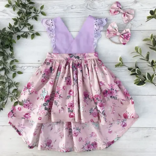 2018 New Summer Sister Purple Floral Dress Kids Baby Girls Matching Lace Jumpsuit Romper Child Toddler Outfits Set | Детская одежда и