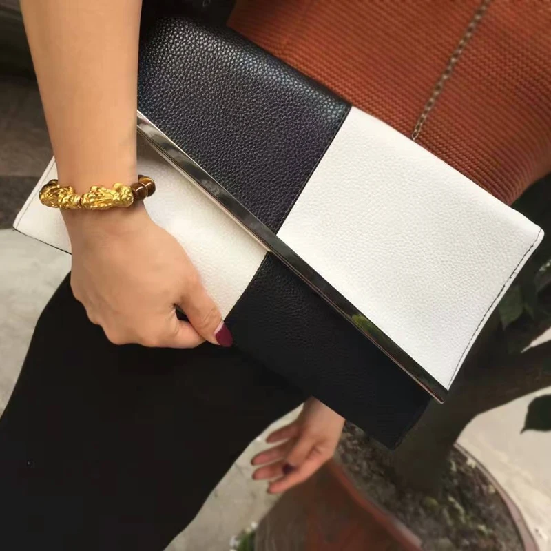 Модный кожаный повседневный клатч летние женские клатчи на цепочке черно белая