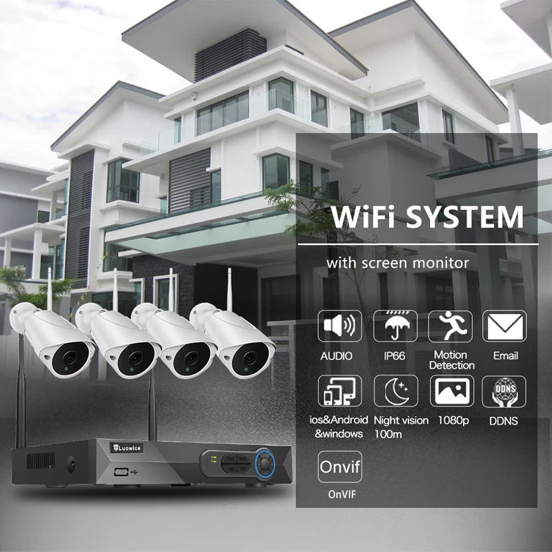 4 шт. инфракрасная беспроводная камера видеонаблюдения 1080P HDMI Wi-Fi NVR 2 МП |