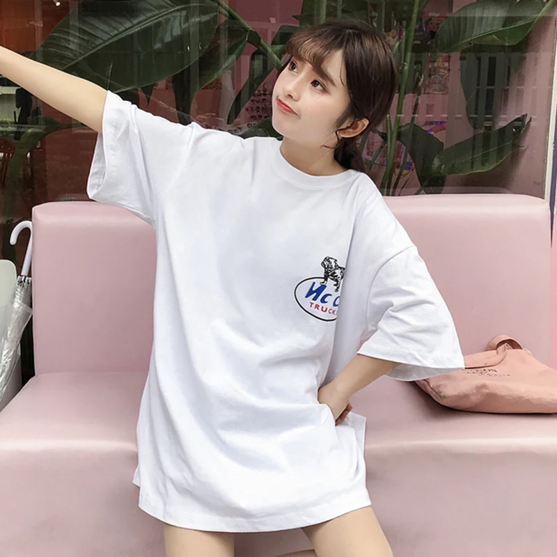 Women Yellow White Print Letter Round Neck Short Sleeve Long Length Basic Femme T Shirts 2019 Ladies Top Cheap Product | Женская одежда