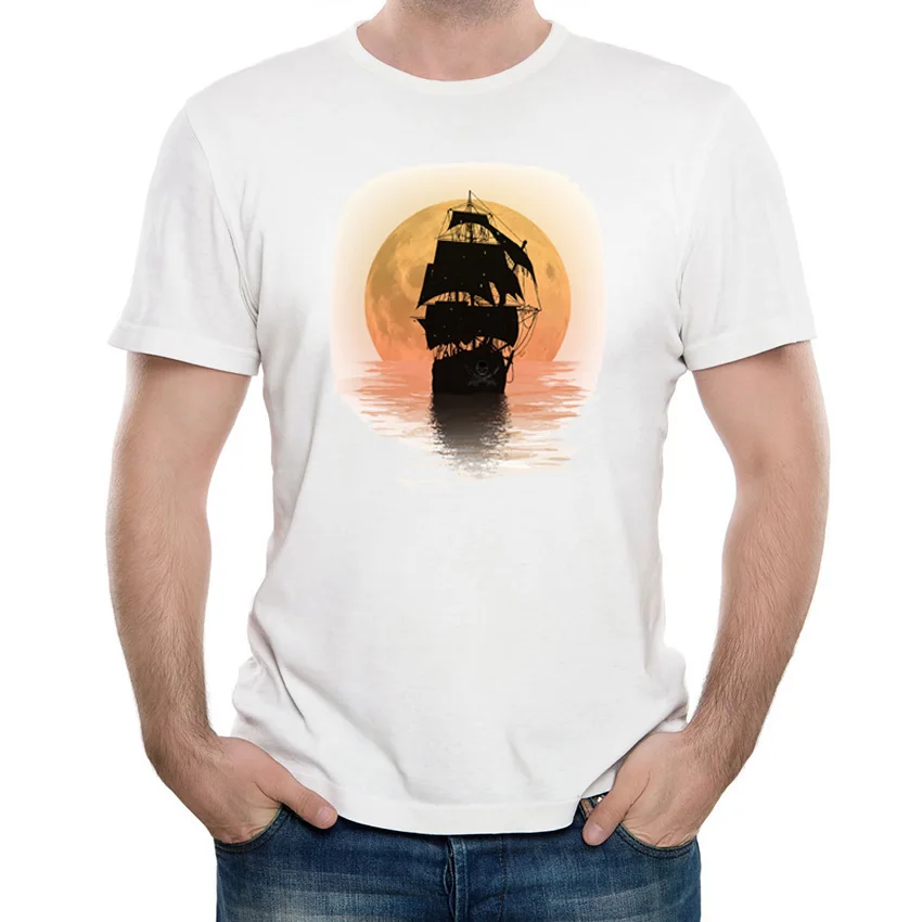 Летние моряков Moon Rising футболка Винтаж Мужская призрак пиратский корабль печати