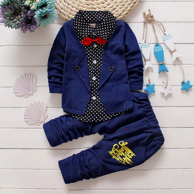 Baby Boys Casual Clothing Sets Kids Button Letter Bow Suit Children jacket +pants 2 pcs clothing set |