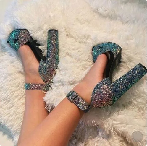 Sexy Black Sparkle Platform Heels Women Square Sandals Cut-out Peep Toe Ankle Strap Glitter Wedding Shoes Bride Plus Size | Обувь