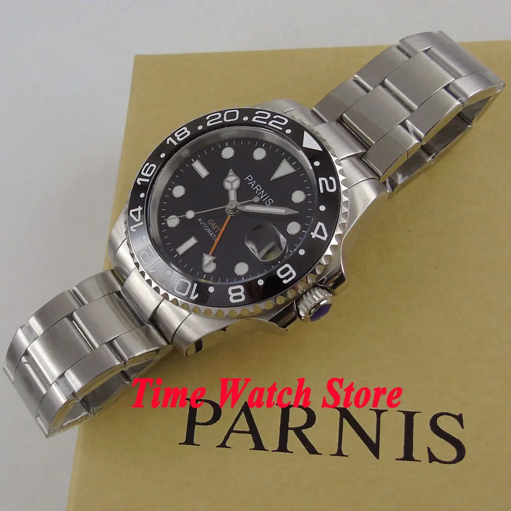 Мужские часы parnis GMT 40 мм сапфировый кристалл Керамическая рамка светящиеся