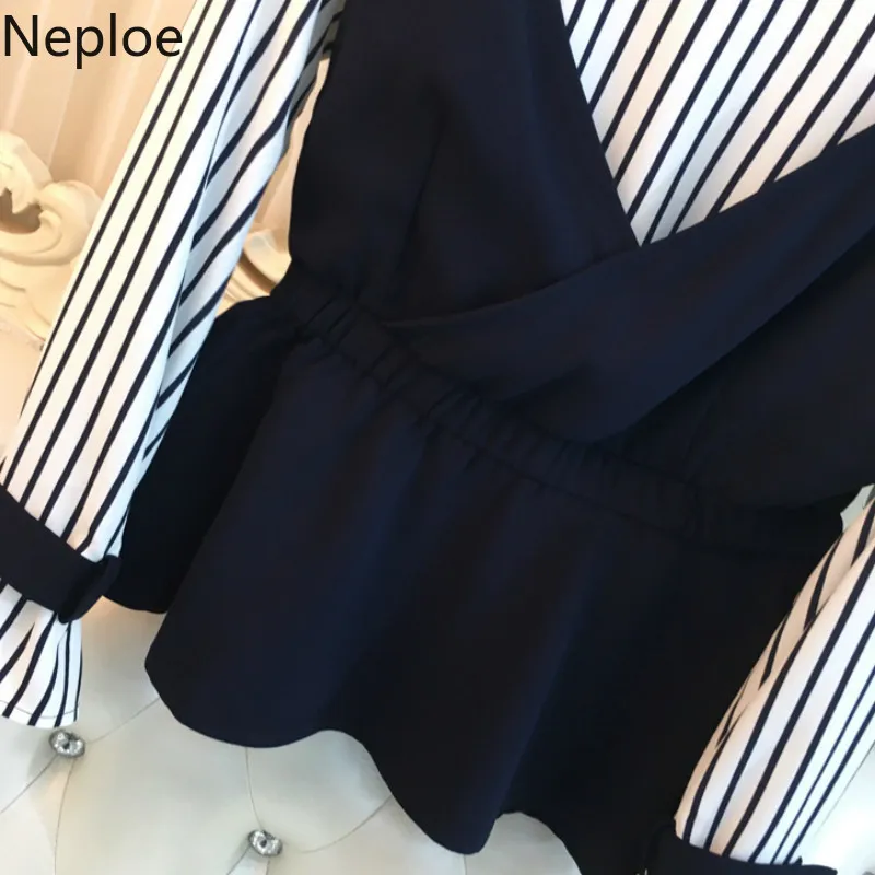 Neploe/женский комплект 2 шт. полосатые рубашки с длинными рукавами и круглым вырезом в стиле пэчворк+ однотонные Стрейчевые длинные прямые штаны модные костюмы 43858