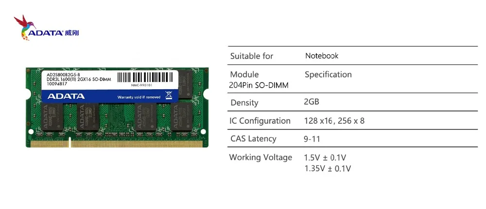 AData памяти ноутбука DDR3L 2 ГБ 2 г 1333 МГц 2RX8 PC3-10600U DDR3 Тетрадь Оперативная память SO-DIMM 1600 12800 2G 204-PIN