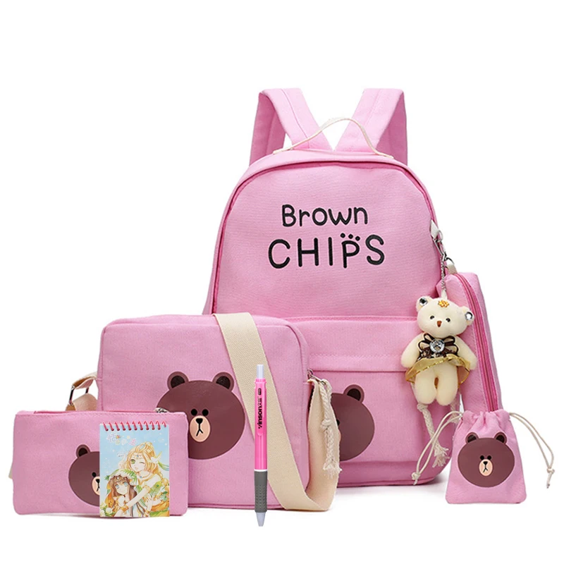 8 pcs/set Multifunctional Backpack Cute Brown Bear School Bag Boy Girls Travel Children Backpacks Kids Canvas school mochila | Багаж и