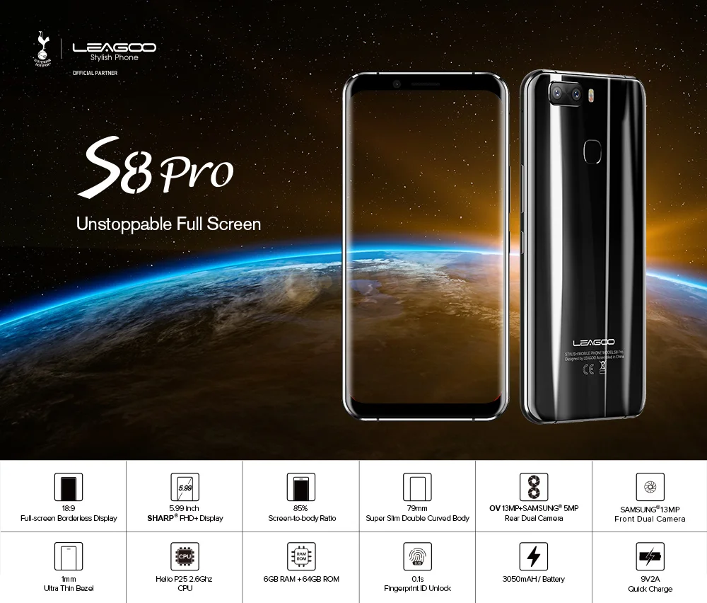LEAGOO S8 Pro смартфон 5,9" FHD+ ips 2160*1080 экран 6 ГБ+ 64 ГБ Android 7,0 MT6757CD Восьмиядерный двойной задний камеры 4G мобильный телефон