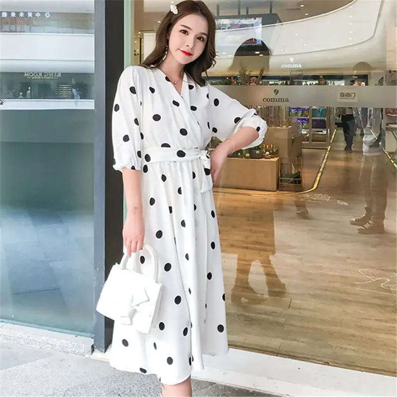Модные Корея Новый Boho Черный шифон пляжное платье Для женщин 2019 лето волна точка