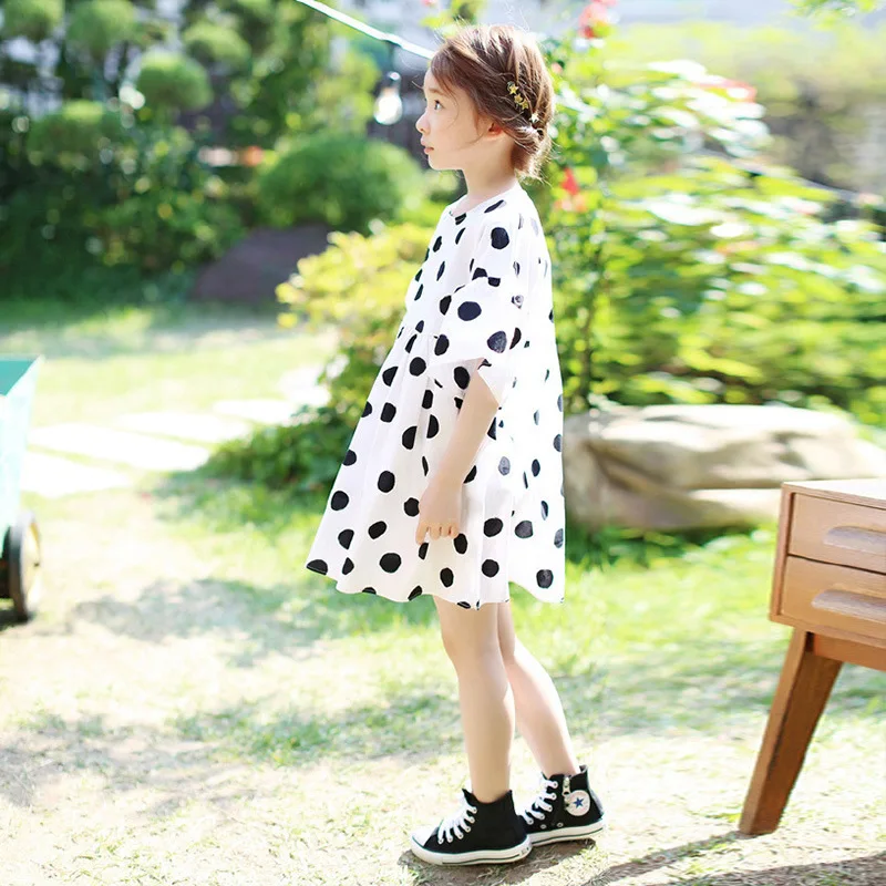 2018 летнее шифоновое платье для девочек платья в горошек с расклешенными рукавами