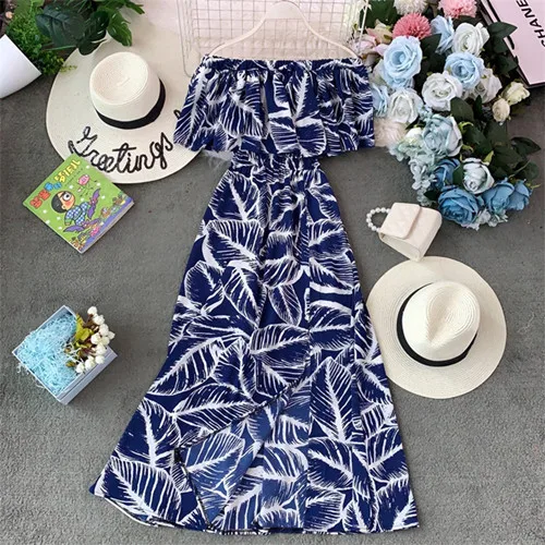 blue white floral Винтажное богемное сексуальное летнее длинное платье миди с открытыми плечами и цветочным принтом, женские элегантные вечерние платья для пляжа и отдыха - Цвет: blue white floral