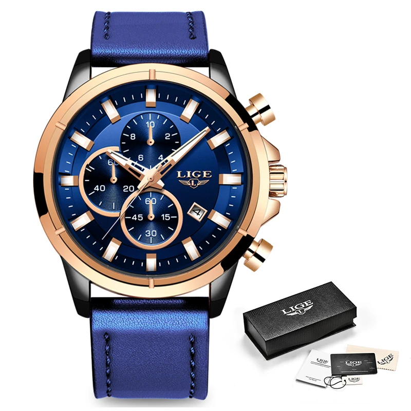 

LIGE Casual Sports Watches for Men Blue Top Brand Luxury Military Leather Wrist Watch Man Clock Fashion Chronograph Wrist watch