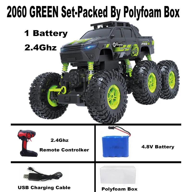 2060 green 1/16 RC Car 6WD drive remote climbing car Double Motors Drive Bigfoot Cars 2.4Ghz Electric RC Toys High Speed Off-Road Vehicle - Color: 2060 green